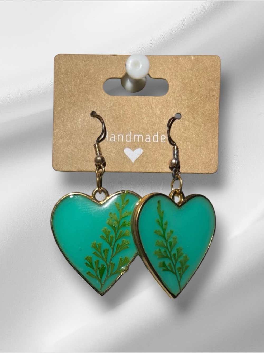 Handmade Heart Earrings with Green Design